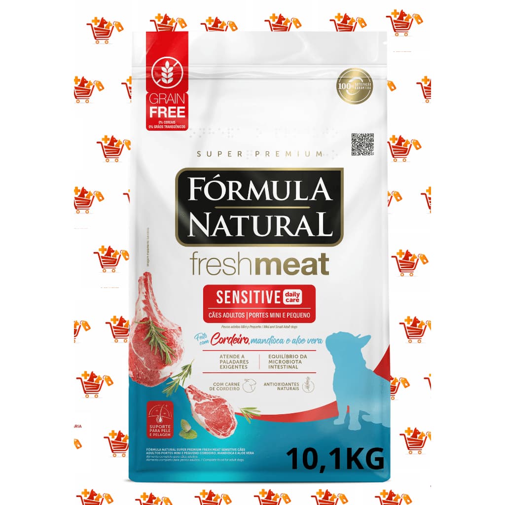 Fórmula Natural10kg Super Premium Fresh Meat Sensitive Cães Adultos Portes Mini e Peq Cordeiro, Mandioca e Aloe Vera