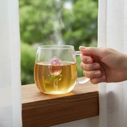 Caneca 3d em Vidro Borossilicato Floral Rosa 350ml idela Chá e Café Presentear Resistente
