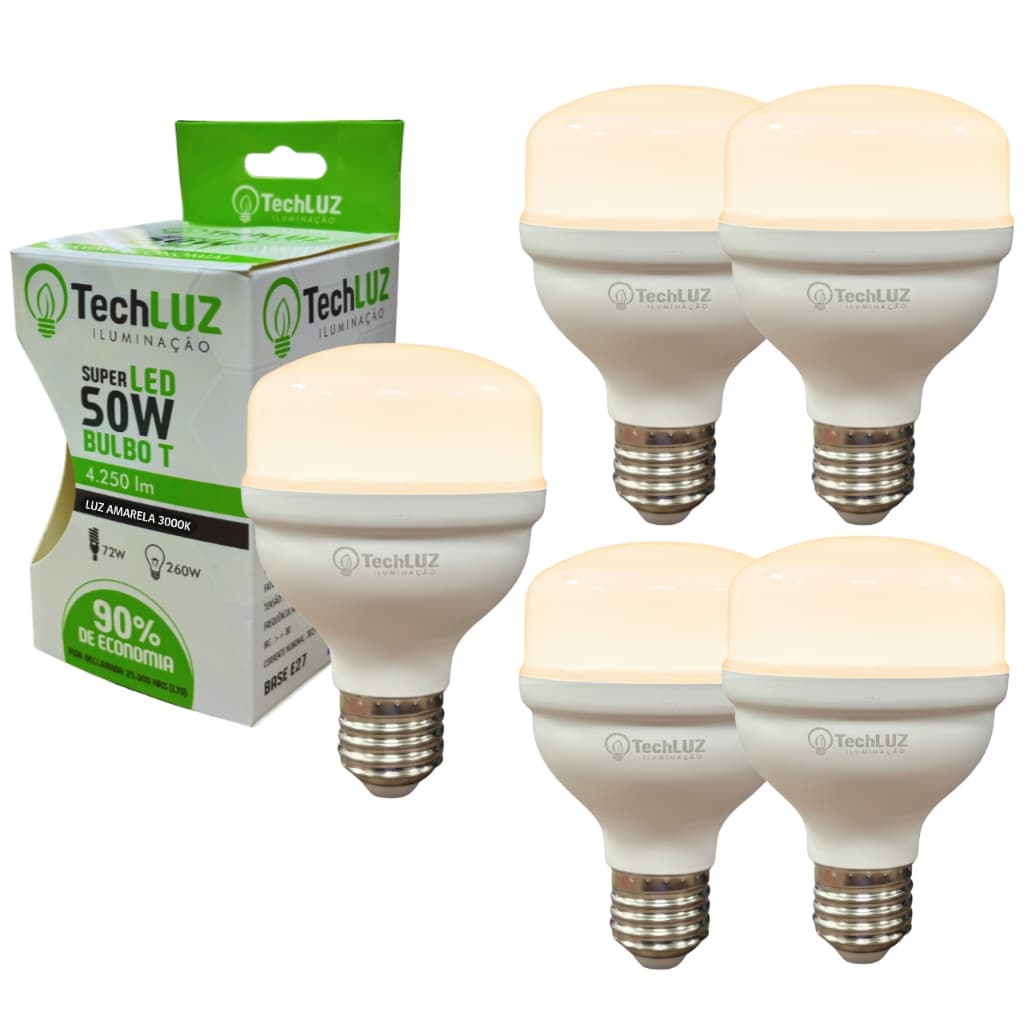 Kit 5 lâmpadas TechLuz bulbo LED 50w 3000k luz amarela E27 bivolt