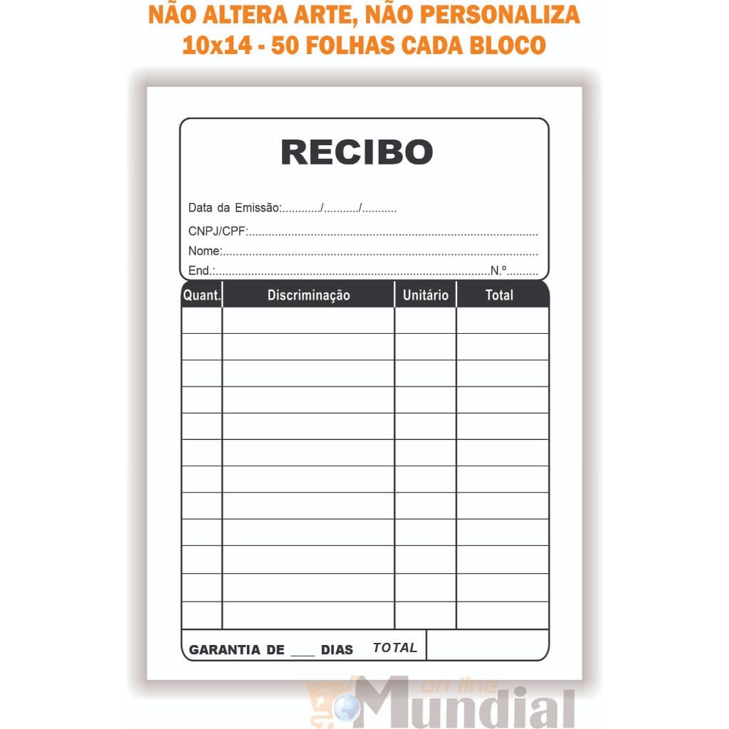 Recibo Comerciais, 10x14, 1via, 50 folhas cada bloco, Papelaria Anotações Blocos de notas