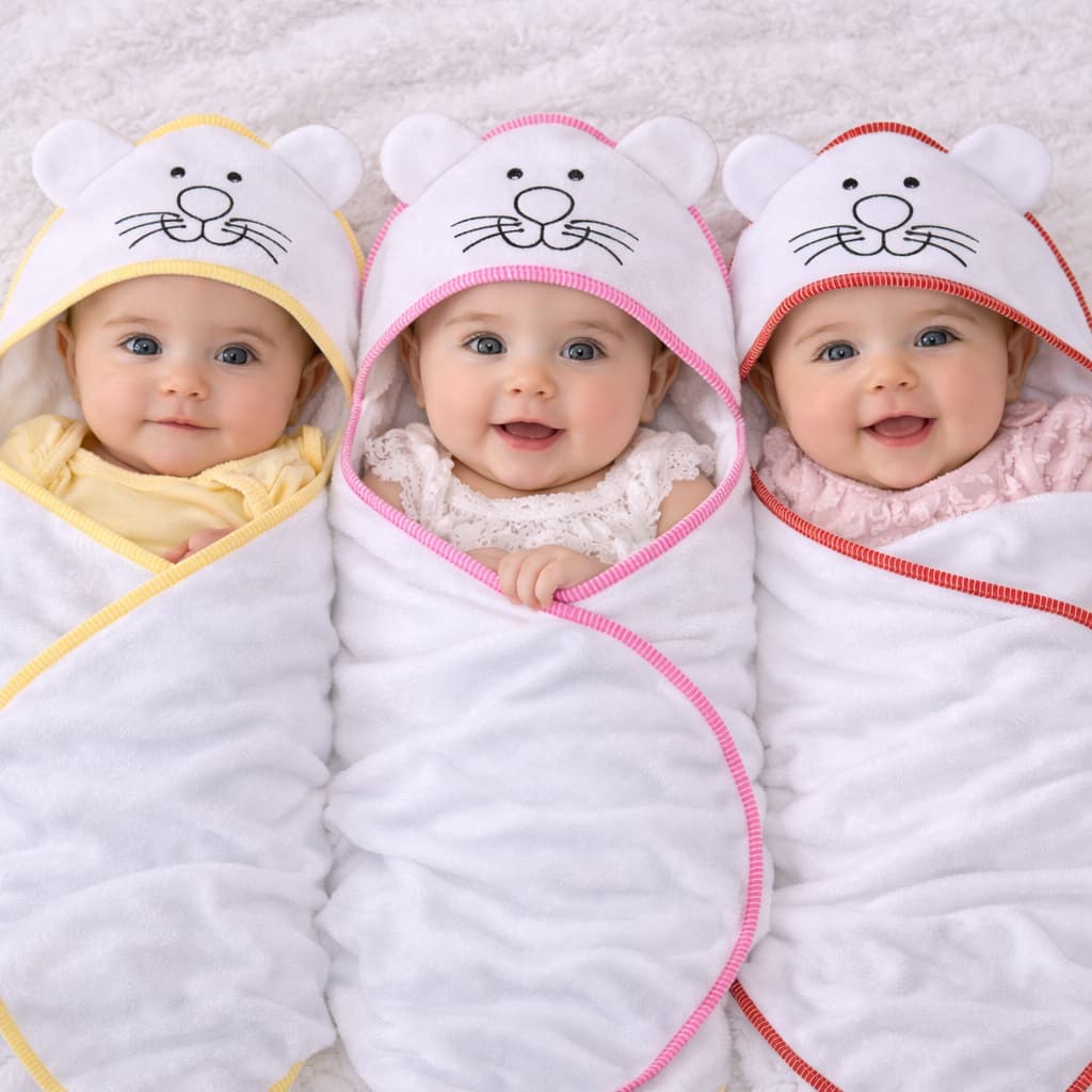 Toalha de Banho Bebe Kit com 3 Toalhas Bordadas com Capuz ForradoTecido Fralda 100% Algodão