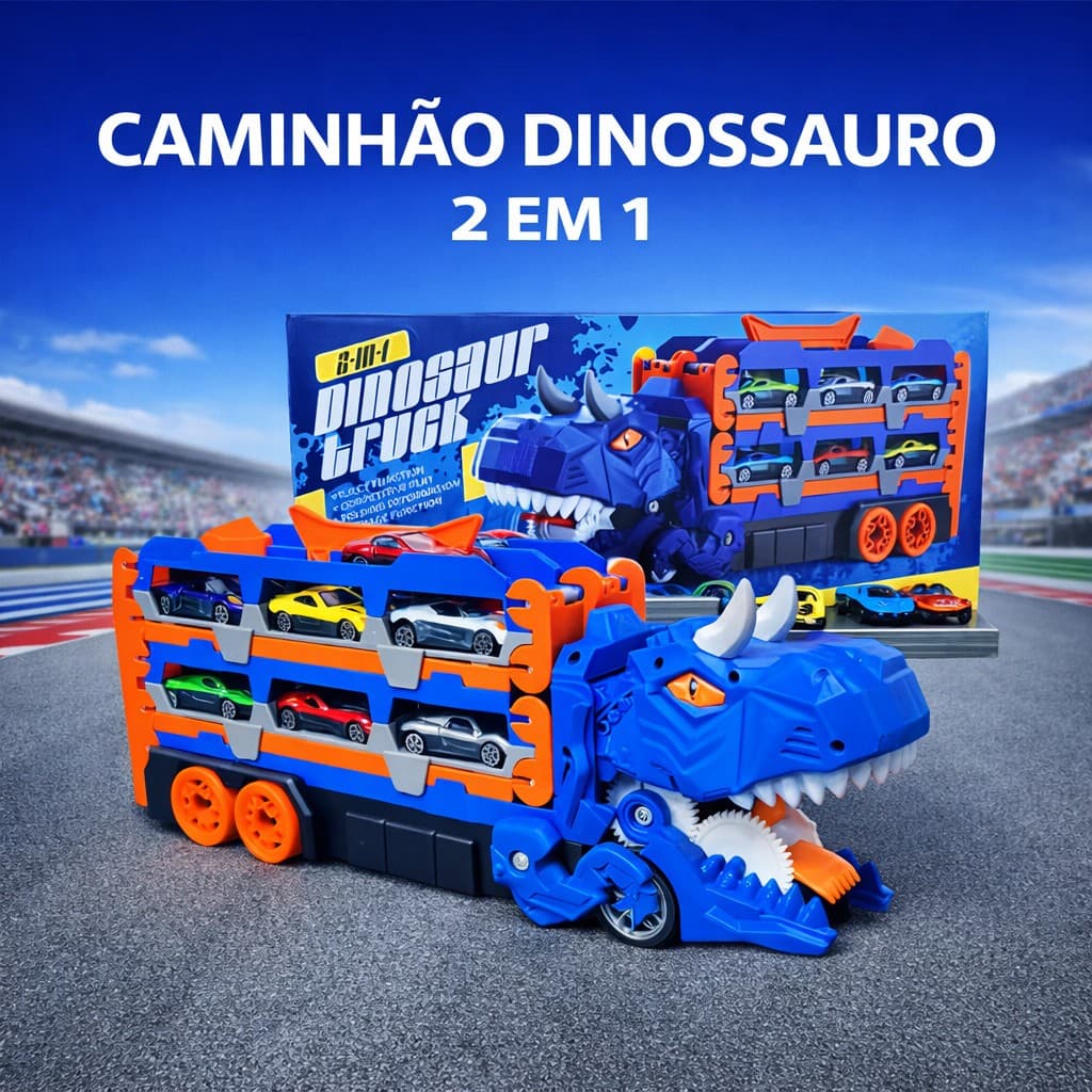 Caminhão Dinossauro 2 em 1 com Pista e Lançador + 6 Carrinhos Coloridos Dino Truck Engole Carros