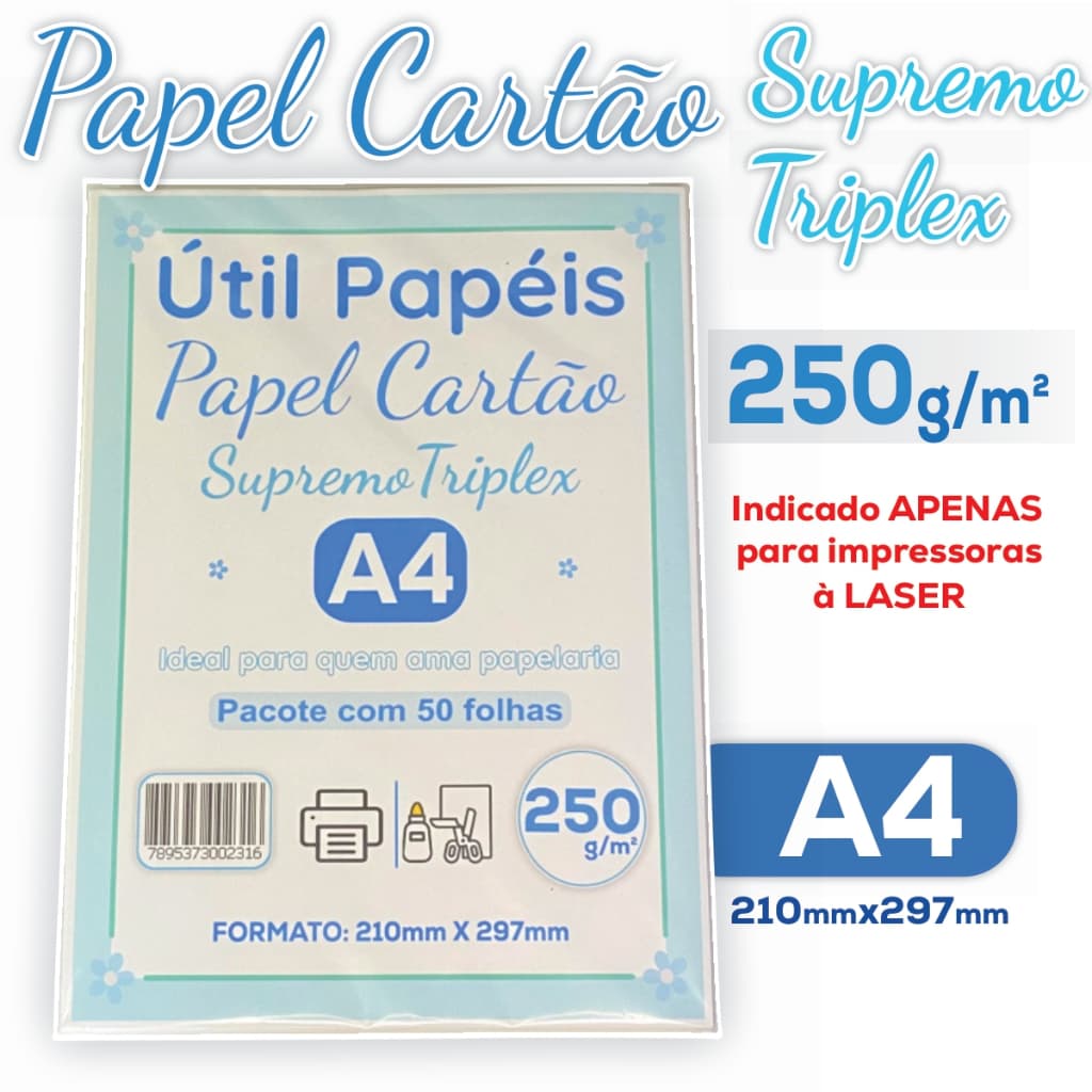 Papel Cartão Supremo Triplex 250g A4 Pacote c 25/50 Folhas Branco liso 210x297mm Gráfica Profissio