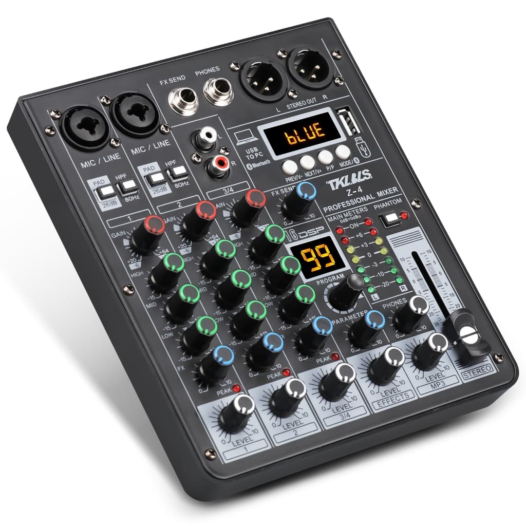 Mesa de som 4 canais Com Mixer Equalizador Efeitos 48v Bluetooth PC Mp3 alimentação USB 110/220V