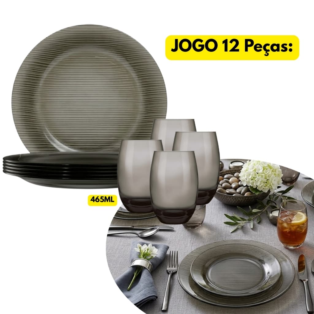 Jogo Kit 12 Peças 06 Pratos Cinza Raso Redondo Vidro Duralex Diamante + 06 Copos Aruba Fumê 465ML
