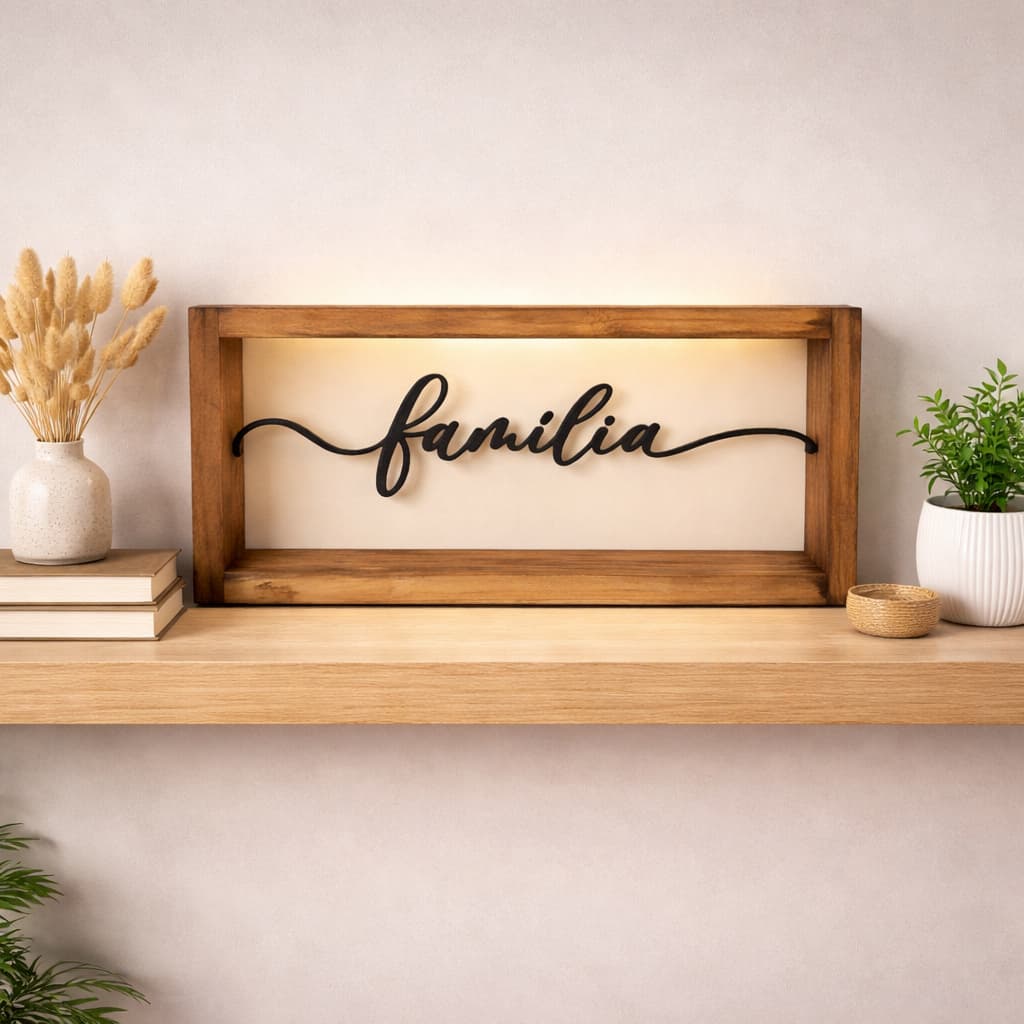 Escultura Decorativa Família Gratidão de madeira Pinus para bancada prateleira Quadro decorativo