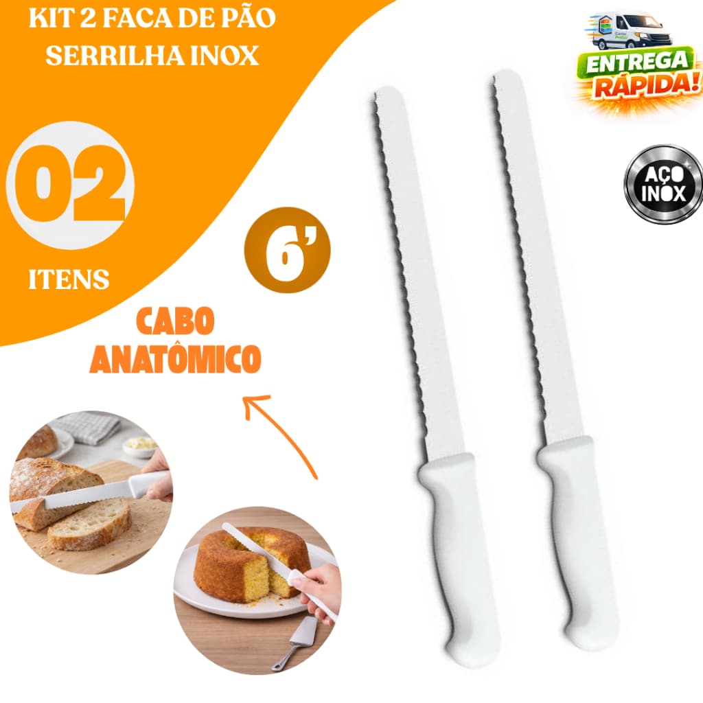 Kit Conjunto 2 Facas de Pão Bolo Torta Grande Cucas Serra Serrilha Aço Inox Chef Restaurantes