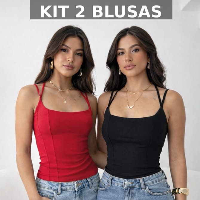 Kit 2 Blusas Corset Cropped Feminino Regata Alcinha Dupla Toque de Poliamida