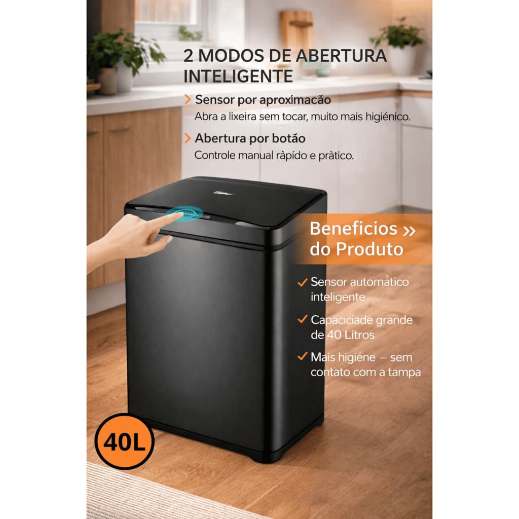 Lixeira Automática de Aço 40L com Sensor Inteligente Sem Toque Design Moderno para Cozinha