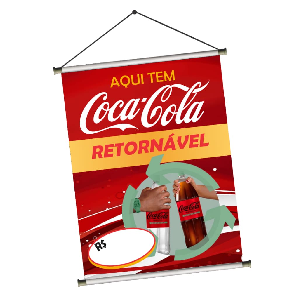 Banner Aqui Tem Coca Cola Bastão e Corda 300g Impressão Alta Qualidade Arte Pronta Envio Imediato