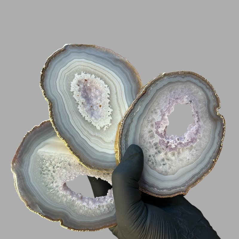 Kit 3 Chapas de Ametista Geodada Natural com Borda Dourada | Decoração Luxo Exclusiva