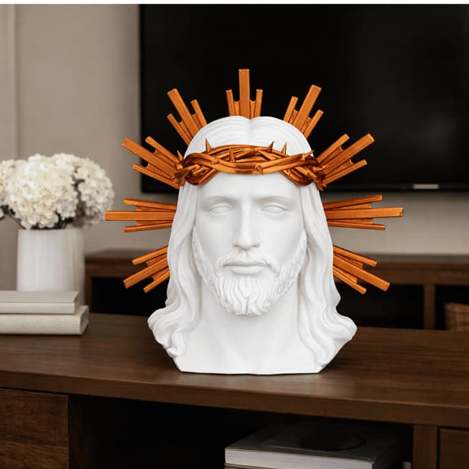 Imagem Sagrado Coração de Jesus Decorativa Branco Com Halo Dourado Escultura Religiosa