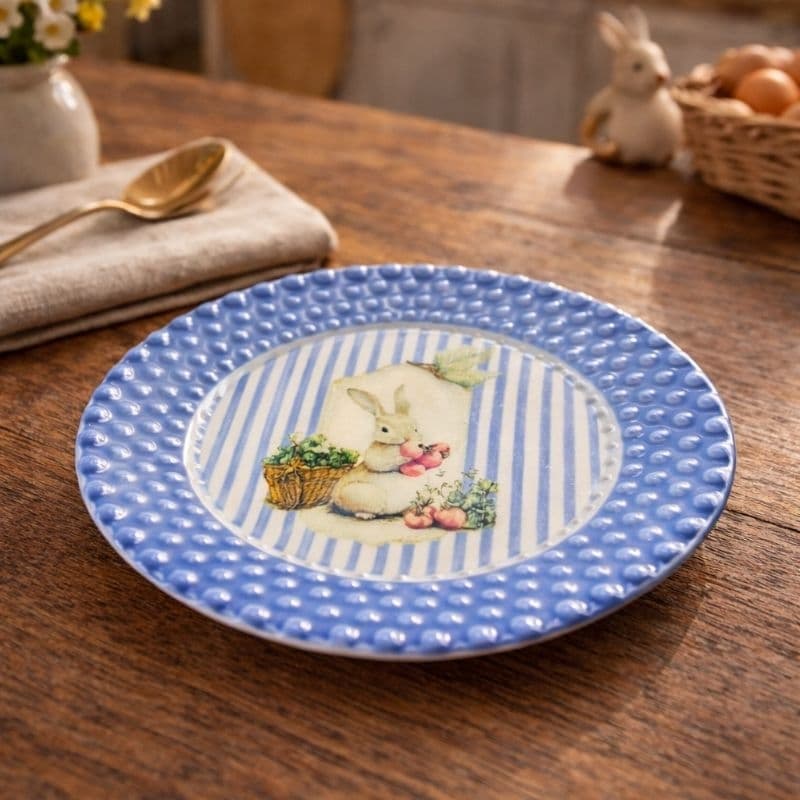 Prato de Sobremesa Páscoa 21 cm | Coelhos Listras Azul | Scalla Cerâmica | Mesa Posta Páscoa