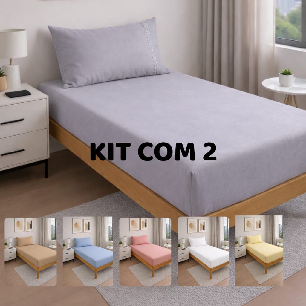 KIT COM 2 JOGOS DE LENÇOL SOLTEIRO COM ELÁSTICO MICROPERCAL 400 FIOS COM PONTO PALITO