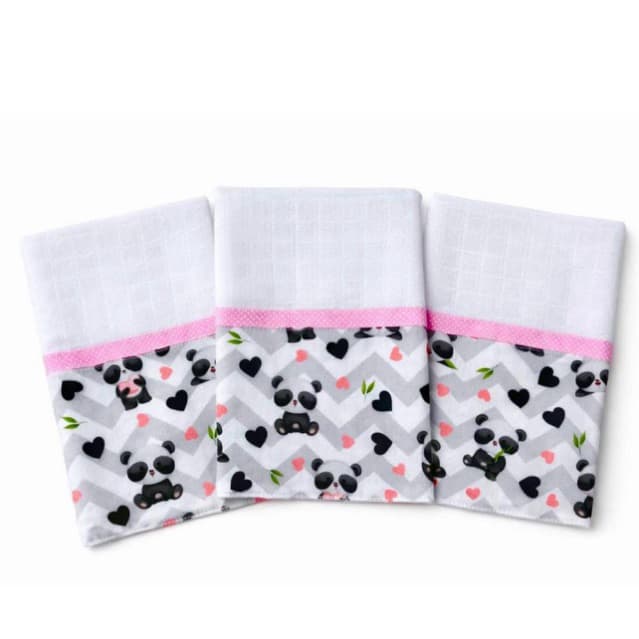 Kit 3 fraldas de boca para bebê panda rosa paninho de boca babete enxoval menina 100% algodão macia