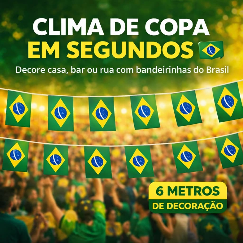 Bandeirinhas do Brasil Varal 6m com 20 Bandeiras Decoração Copa do Mundo Festa Seleção Brasileira