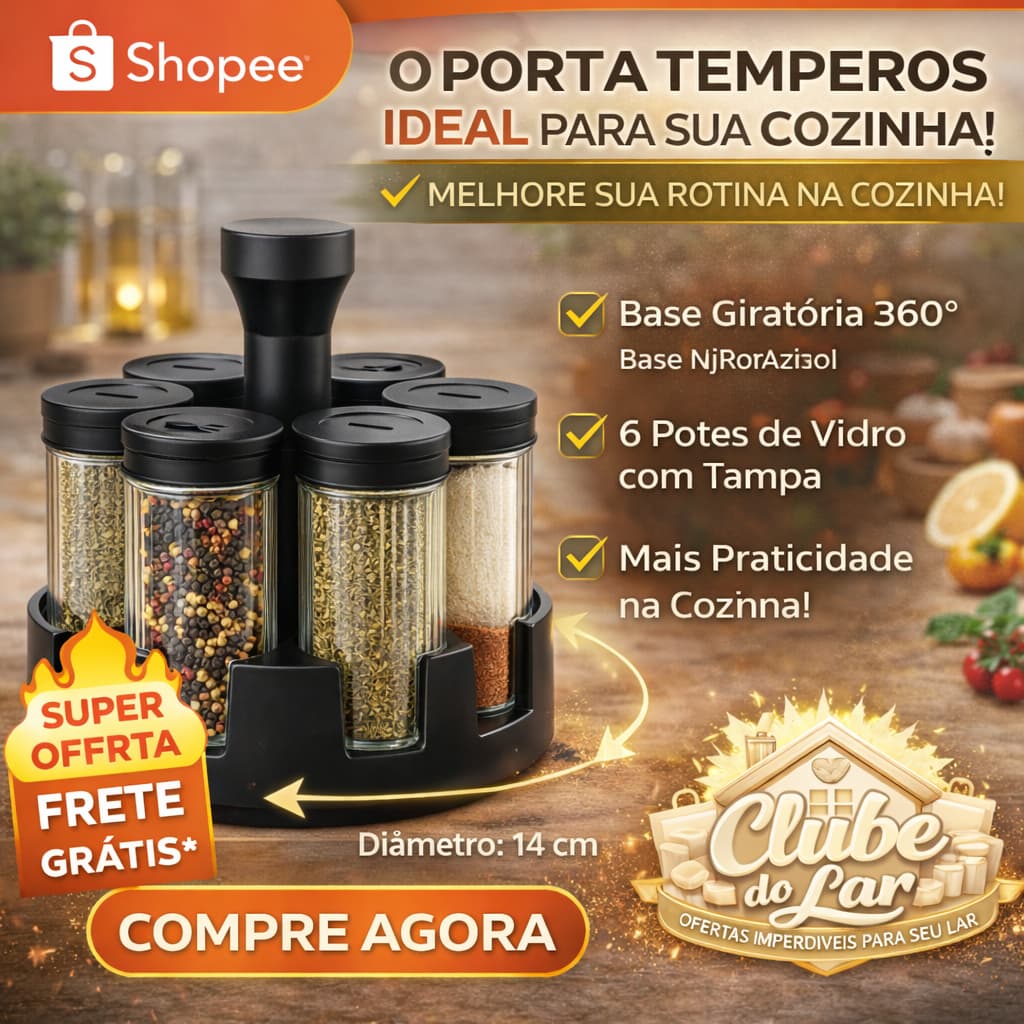 Porta Tempero e Condimento Giratório Com 6 Pote de Vidro 85ml Para Cozinha Moderno Luxuoso
