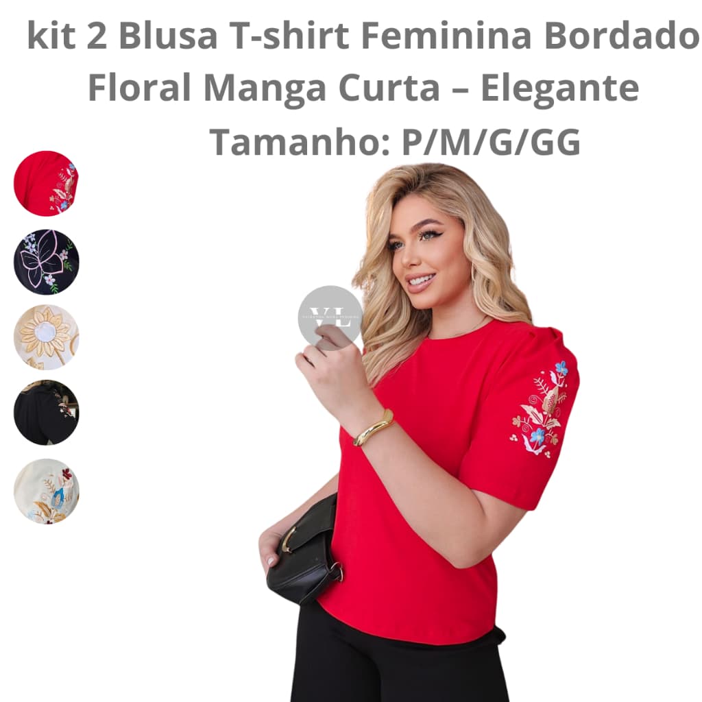 Kit 2 Blusa Feminina Manga Curta Bordada Elegante Casual Confortável Moda Feminina