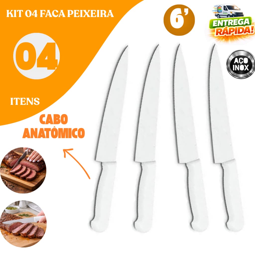Kit 4 Faca Peixeira Inox Profissional 6” Cabo Branco Para Cozinha Churrasco Carnes Restaurantes