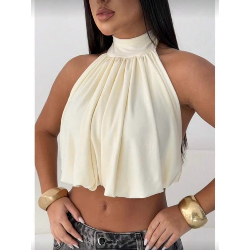 Cropped Feminino Frente Única Gola Alta Drapeado – Elegante e Moderno Estiloso Moda Verão 2026