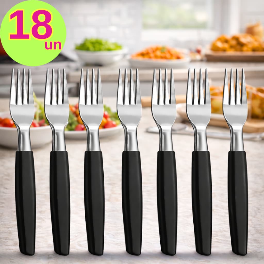 Kit 18 Garfos de Refeição Aço Inox Premium com Cabo Preto19cm para Casas Restaurantes Padaria