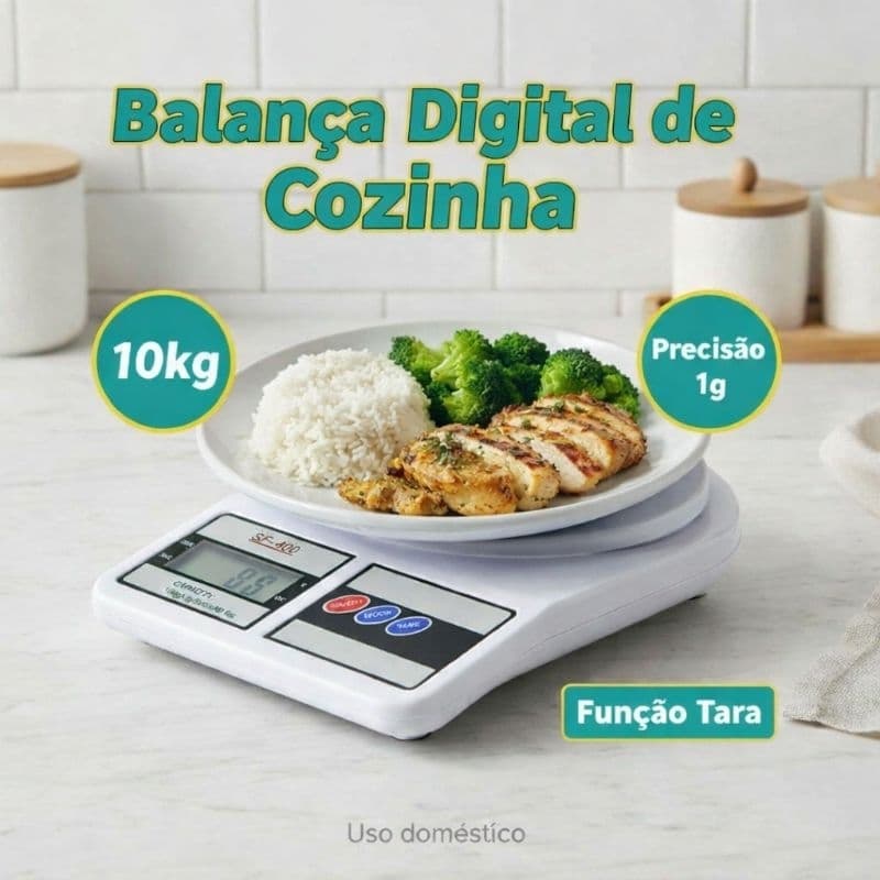 Balança Digital de Cozinha 10kg Precisão 1g com Tara (Tare) LCD para Alimentos Dieta Nutrição Porções e Receitas