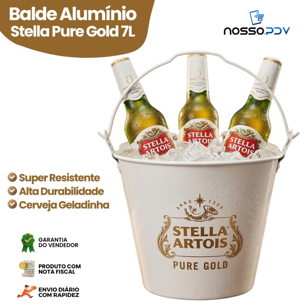 Balde de Alumínio 7 Litros Stella Pure Gold Ótimo para Bar Área de Churrasco Ideal para Long Neck Garrafas Gelo