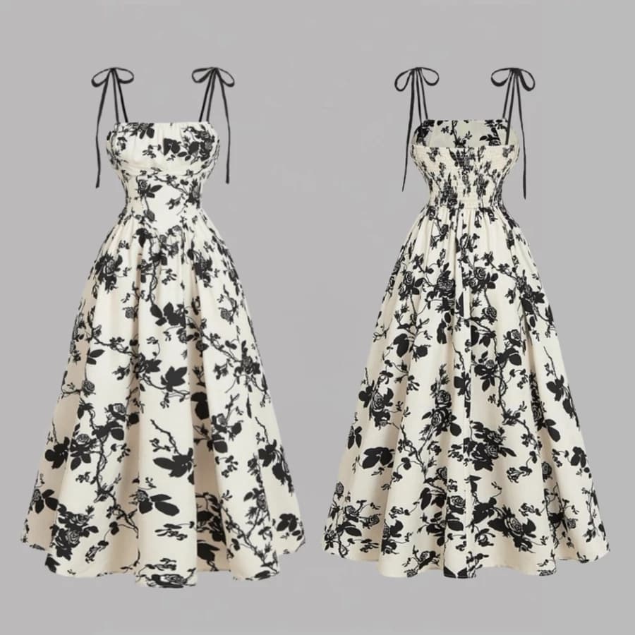 Saia A-line com estampa floral e ombros à mostra para mulheres. Elegância leve de verão para festas.