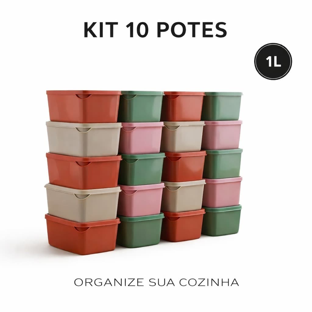 Kit 10 Potes Plástico 1 Litro  Retangular Organizadores BPA Free Microondas Freezer Marmita