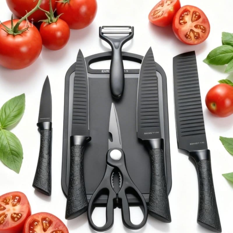Jogo de Facas 6 Peças com Tesoura e Descascador Aço Inox Super Afiadas Cozinha