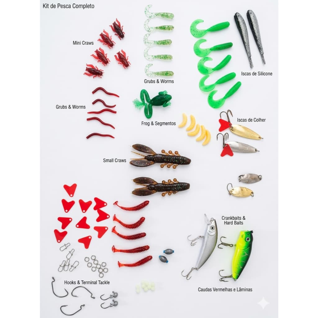 Kit Iscas Artificiais 41 iscas de silicone (soft), iscas rígidas (hard baits) e ferragens + acessórios Acessórios