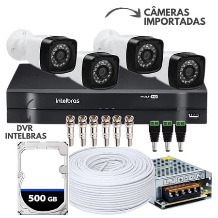 Kit Cftv Completo 4 Cameras de Segurança 720p Full Hd Dvr Intelbras Dvr 4 Canais + Hd 500gb