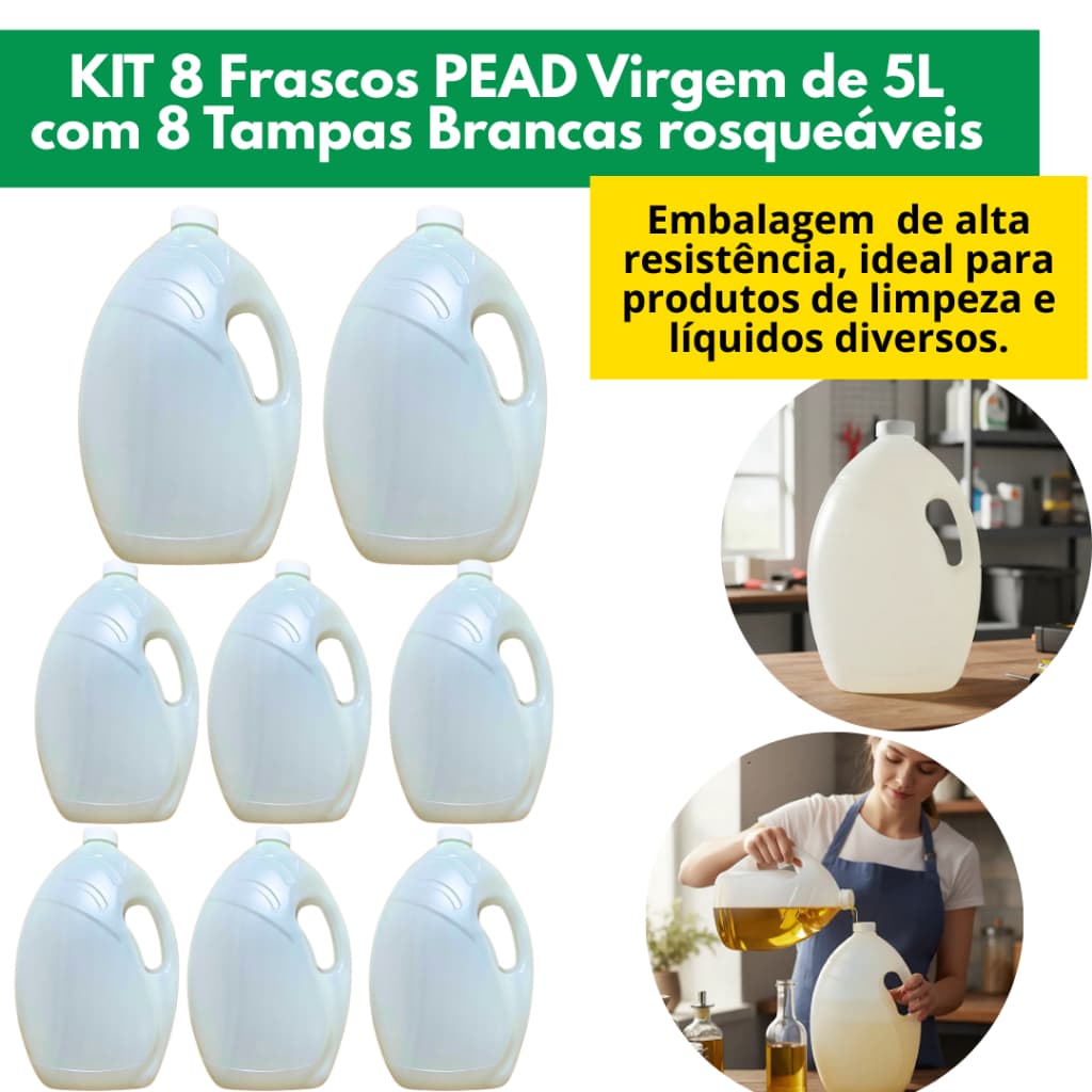 Kit 08 Embalagem, Bombona, Frasco, Galão 5L PEAD Virgem -transparente-Acompanha 8 tampas brancas
