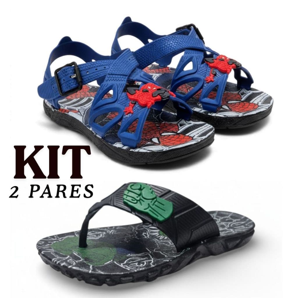 Kit 2 Pares Chinelo Infantil Menino Dedo Tratorado + Sandalia Infantil Masculino Personagem