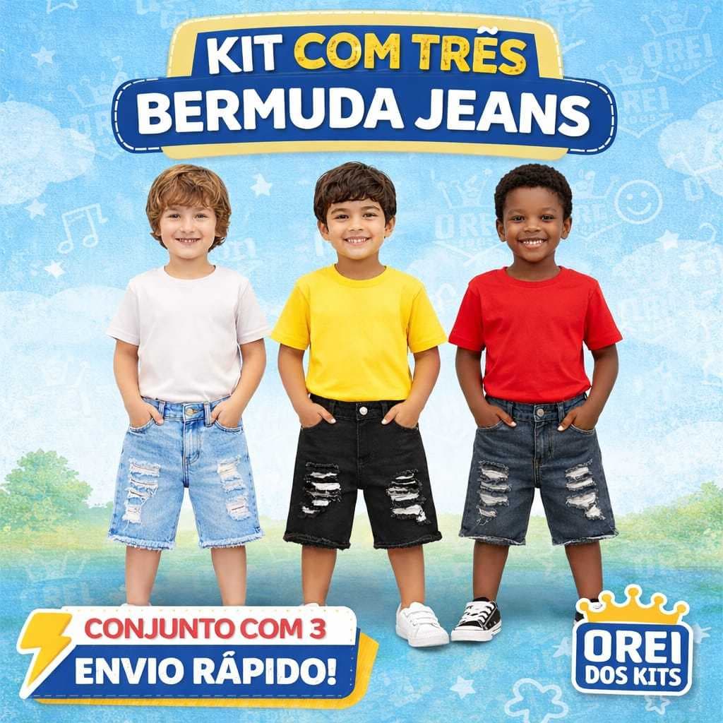Kit 3 Shorts Rasgado Infantil Moda Verão Bermuda Jeans Juvenil Premium