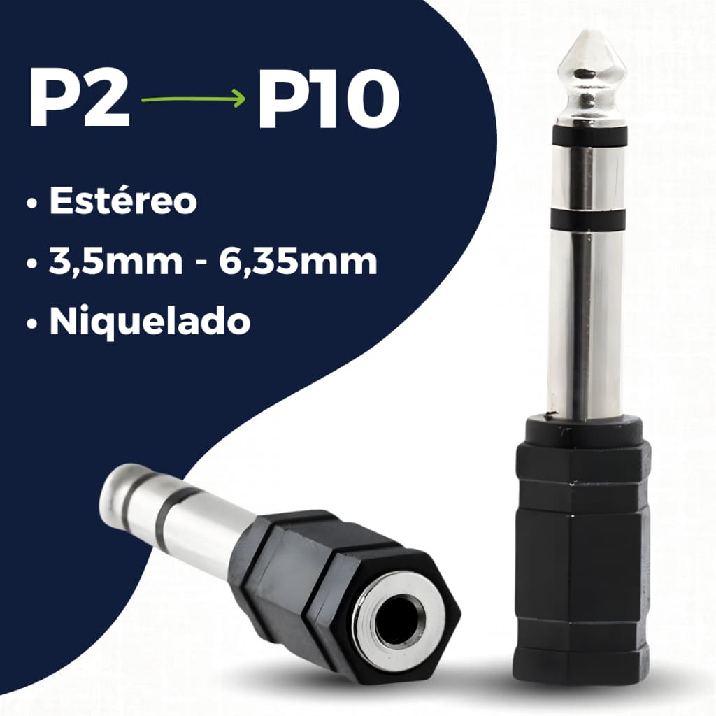 Plug Adaptador P2 Para P10 Estéreo Solda Blindada Plug P2 / P10 Adaptador P2 Femea x P10 Macho