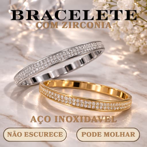 Kit 2 Braceletes Luxo Cravejado Trabalhada em Zirconia Prata/Dourado Aço Inox | Não Escurece Premium