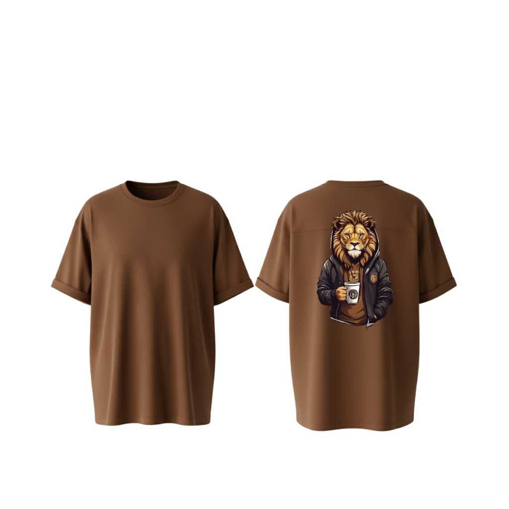 Camiseta Oversized Masculina Estampa Leão Coffee Streetwear Premium