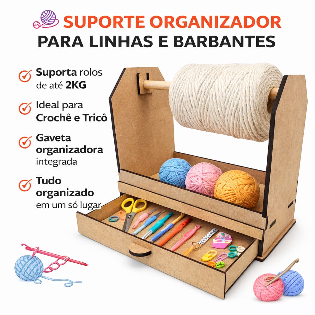 Suporte Para Barbante e Linhas Para Crochê Tricô Organizador Com Gaveta Porta Fios Até 2kg
