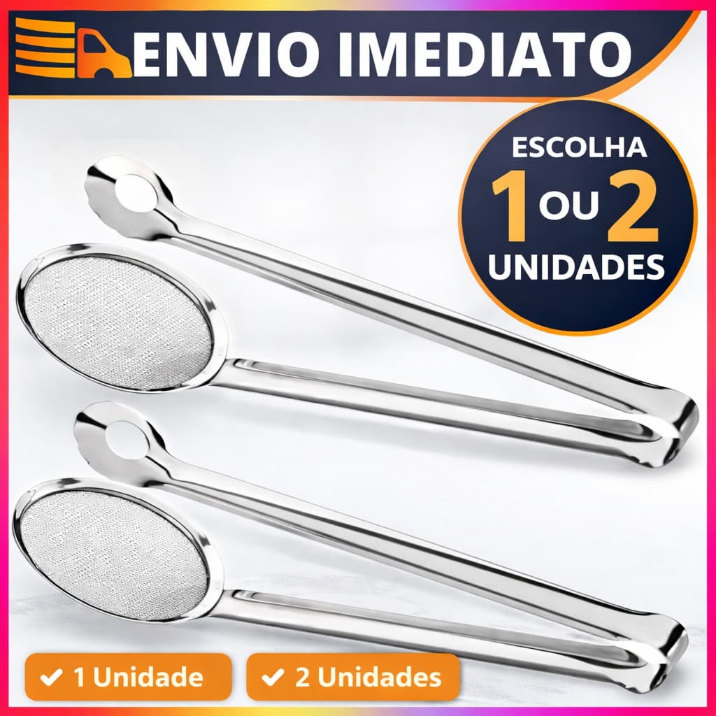 Pegador Escumadeira Inox para Fritura Pinça Peneira Batata Frango Pastel Salgados Cozinha Profissional