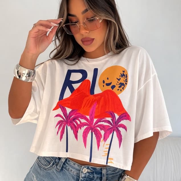 Cropped Feminino Oversized Estampado Rio 3 Coqueiros Moda Verão