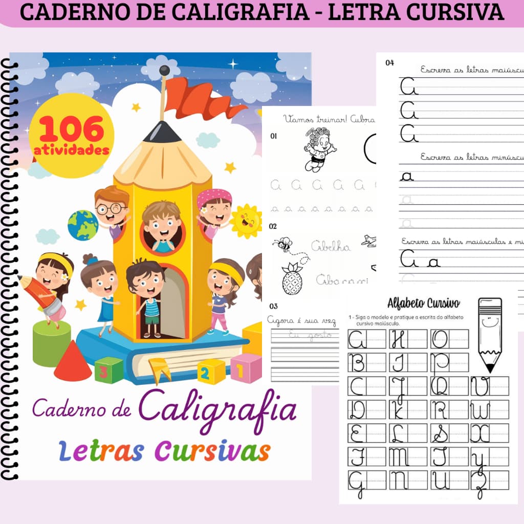 Caderno de Caligrafia Letra Cursiva 106 Atividades Alfabetização Infantil