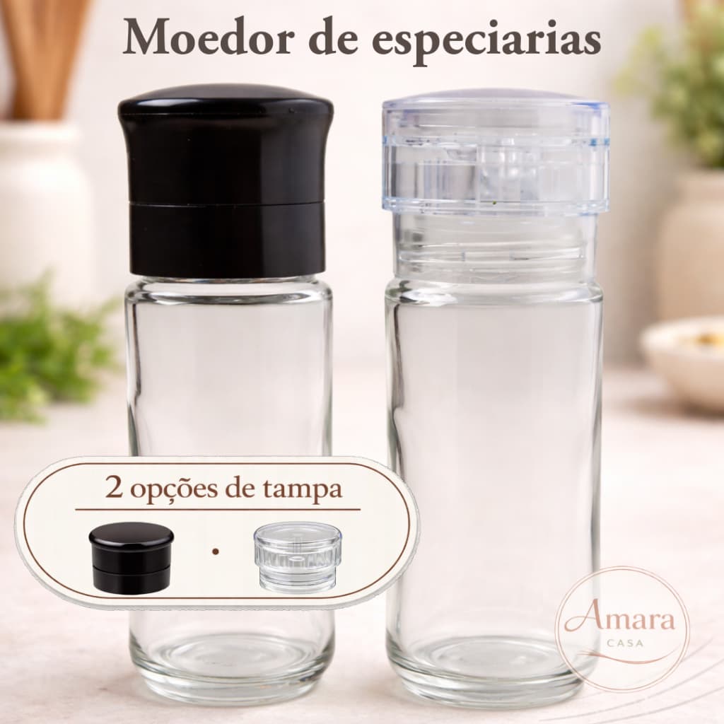 Moedor de Pimenta, Sal e Especiarias | Vidro com Tampa Preta ou Transparente