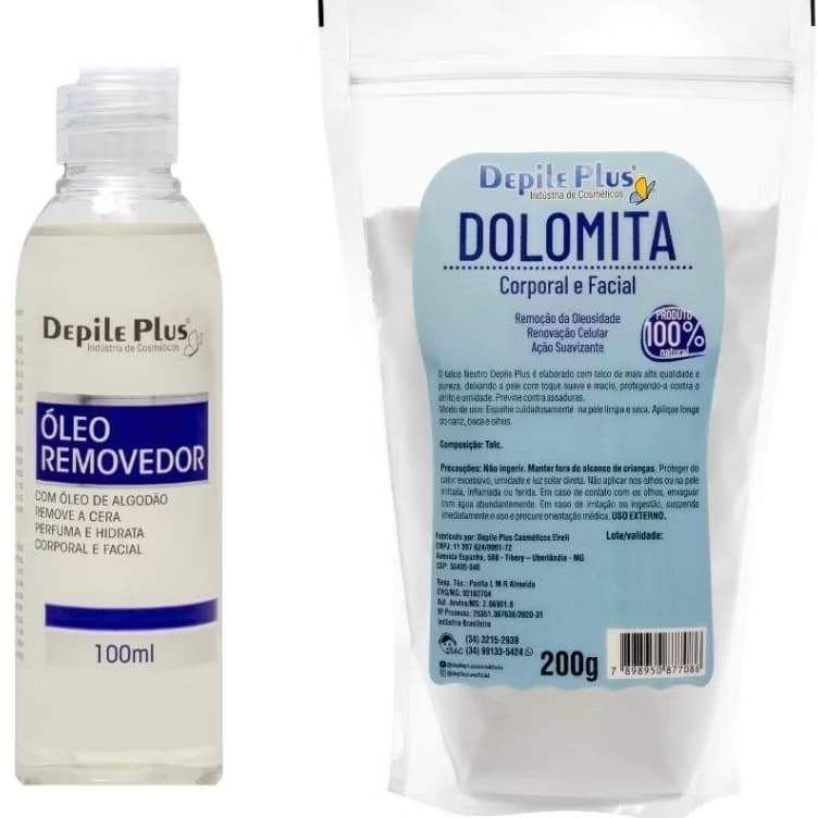 Kit de Óleo Hidratante Removedor de Cera de Algodão 100ml e Talco Dolomita 200g Depile
