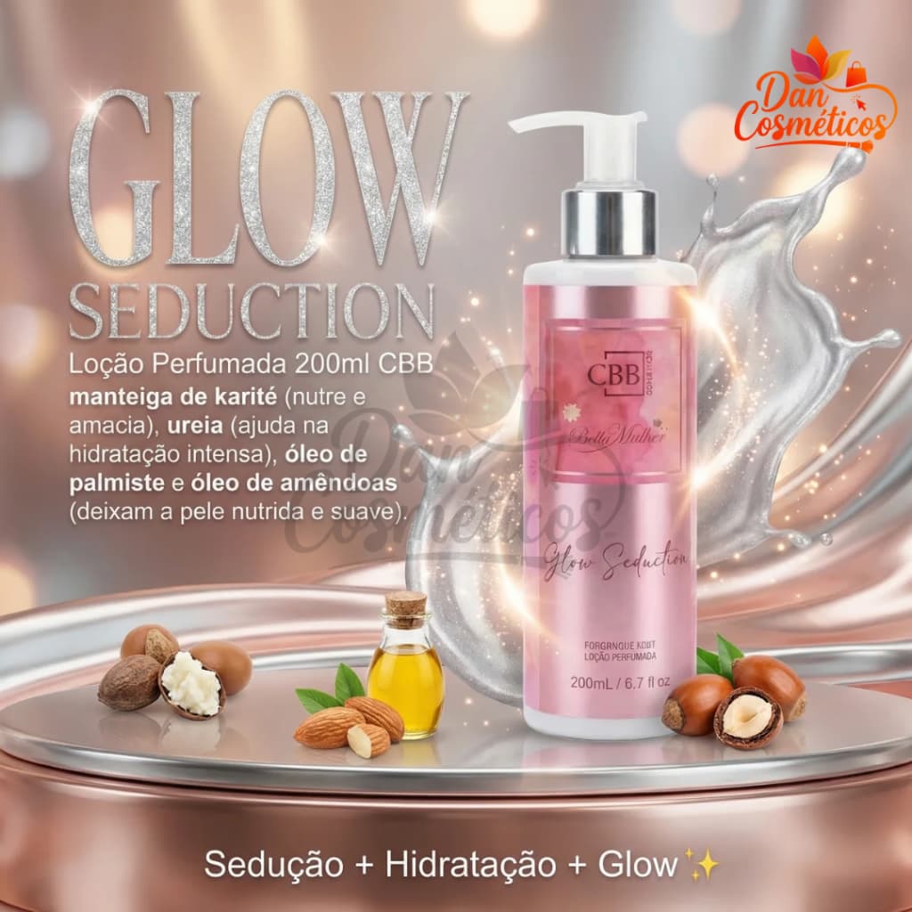 Loção Perfumada Glow Seduction 200ml CBB Cosméticos - Mica Brilho Prata + Sedutor Baunilha Floral