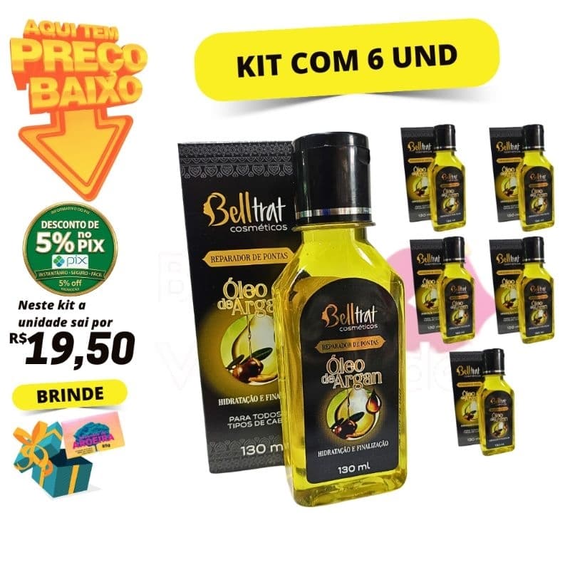Kit com 6 Óleo Reparador de Pontas de Óleo de Argan Belltrat 130ml