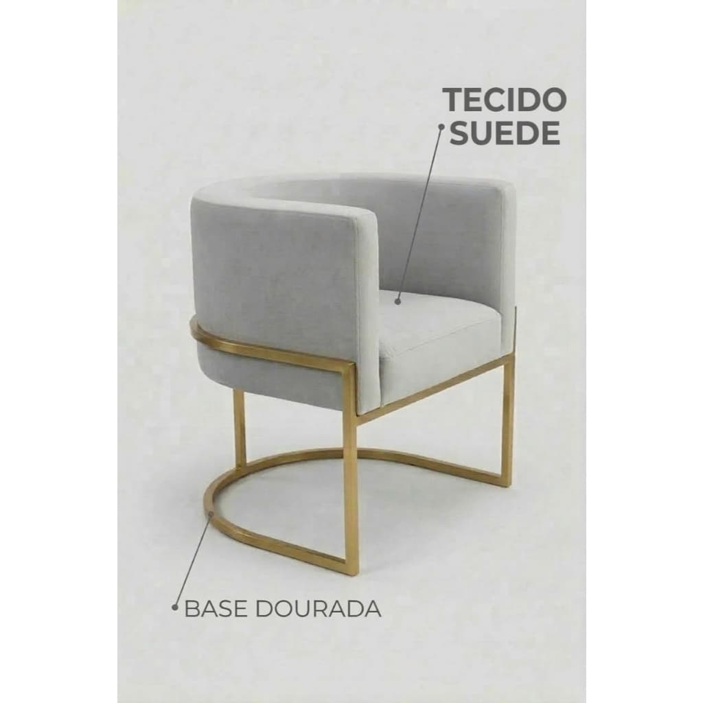 Cadeira Poltrona Sala de Jantar, Sala, Cozinha, Salão, Manicure, Recepçã Base de Ferro Dourada Suede Luxo Cinza Claro