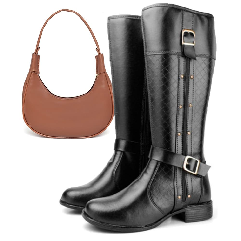 Kit Elegância: Bota Cano Alto + Bolsa lua cappucino – Sofisticação que Impressiona