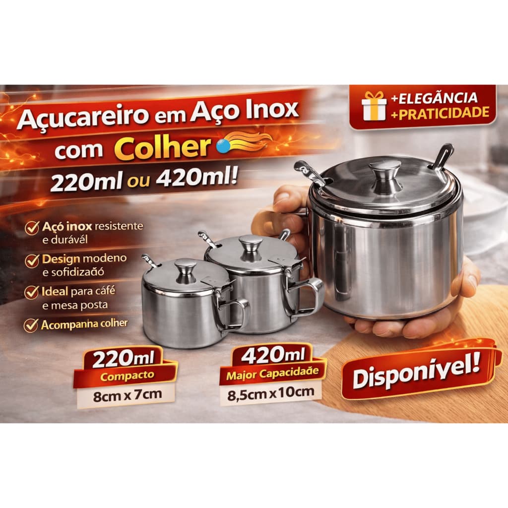 Açucareiro Inox com Tampa e Colher 220ml ou 420ml Mesa Café Cozinha Elegante
