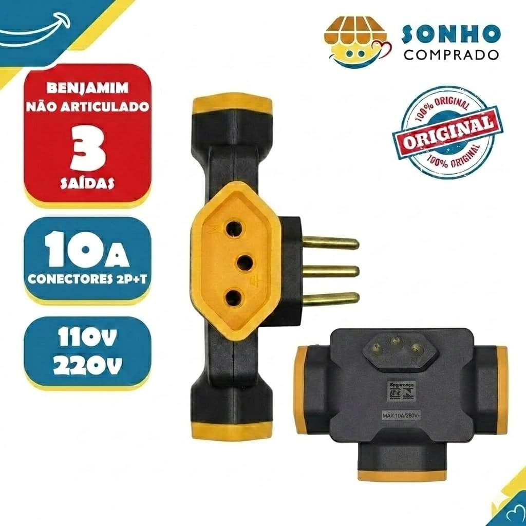Benjamim multiplicador 90 10A 2P+T 3 saídas PRETO / LARANJA V-54 Voltim